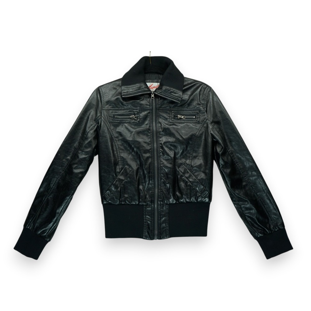 Vintage Y2K Lipstick Black Faux Leather Bomber Biker Jacket Womens M Medium